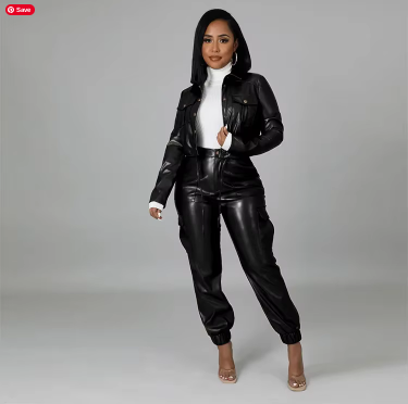 Two Piece Cardigan PU Leather Pants Set