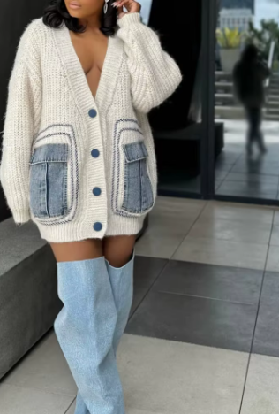 Oversized Knitted Sweater | Denim Pockets