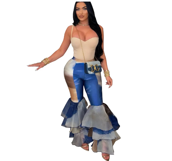 Ruffle High Waist Pants Multicolor Tie Dye Bell Bottoms