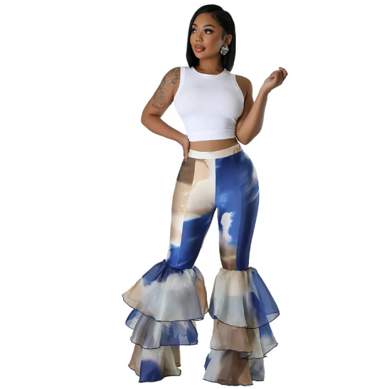 Ruffle High Waist Pants Multicolor Tie Dye Bell Bottoms