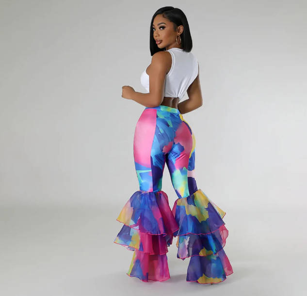 Ruffle High Waist Pants Multicolor Tie Dye Bell Bottoms