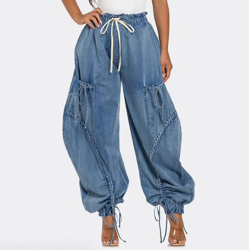 High Waist Drawstring Baggy Cargo Jeans | Trendy Streetwear Style