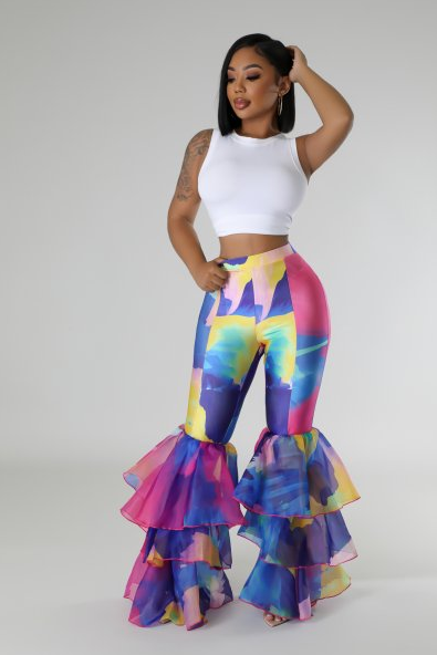 Ruffle High Waist Pants Multicolor Tie Dye Bell Bottoms