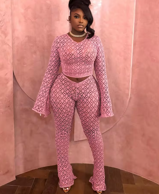 2 Piece Set Solid Long Sleeve Top+High Waist Flare Pants