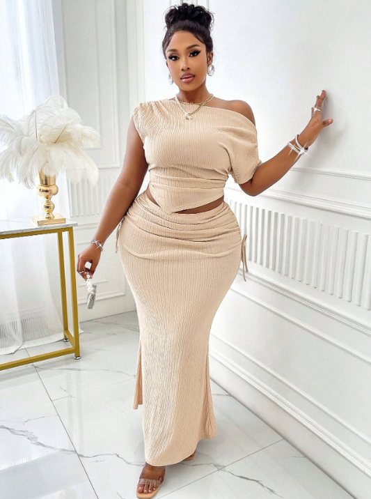Plus Size Asymmetrical Pleated Top and Skirt Set