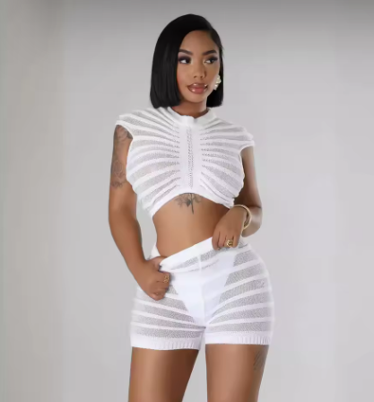 Knit White Two Piece Short Set