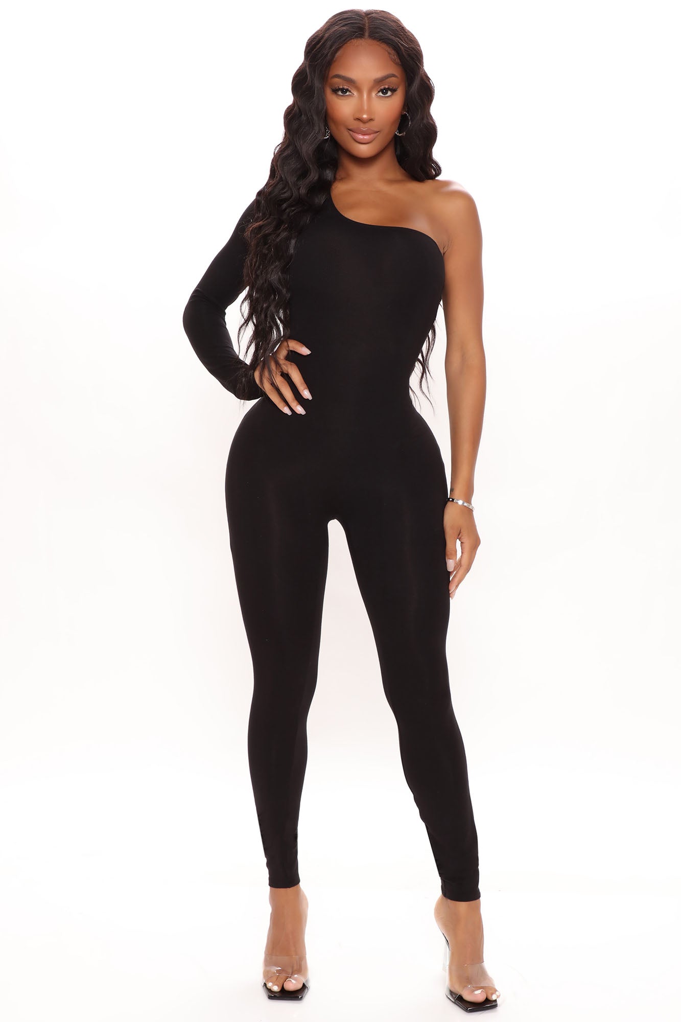 Long Sleeve One Shoulder Jumpsuit - Black