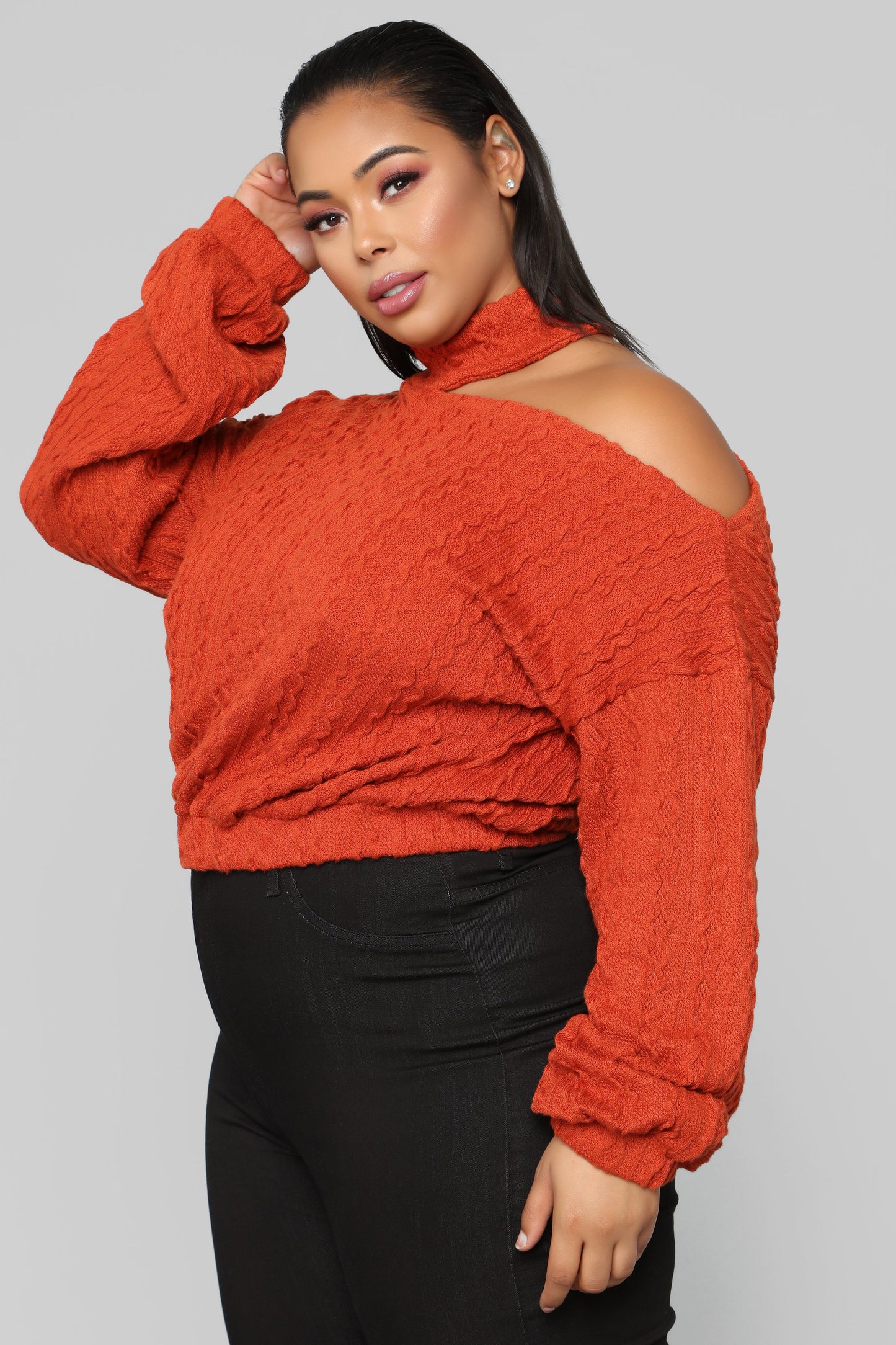One Shoulder Off Sweater - Rust