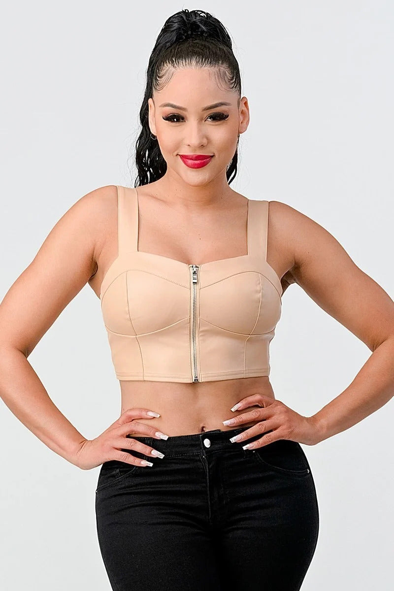 Faux Leather Zipup Cropped Top