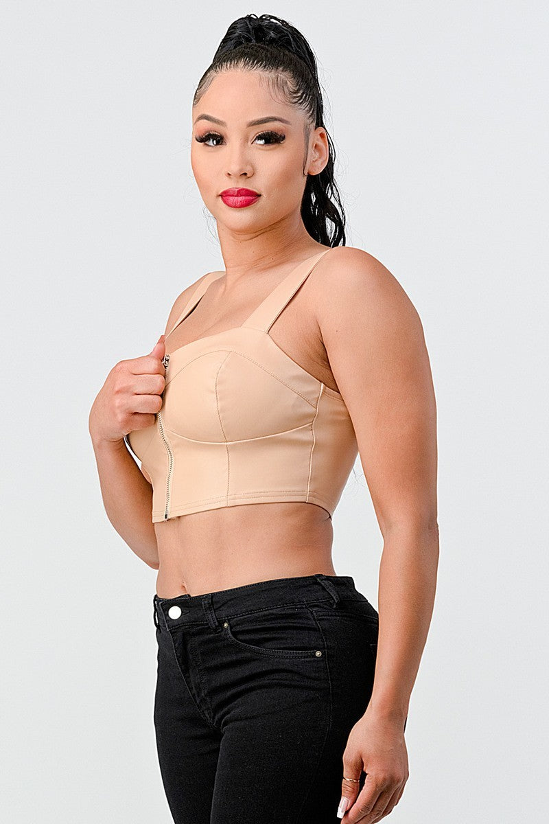 Faux Leather Zipup Cropped Top