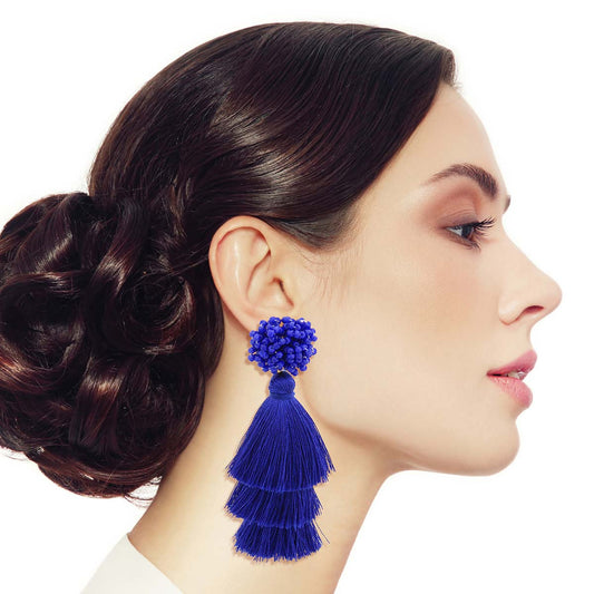 Blue Cluster Bead Triple Tassel Earrings